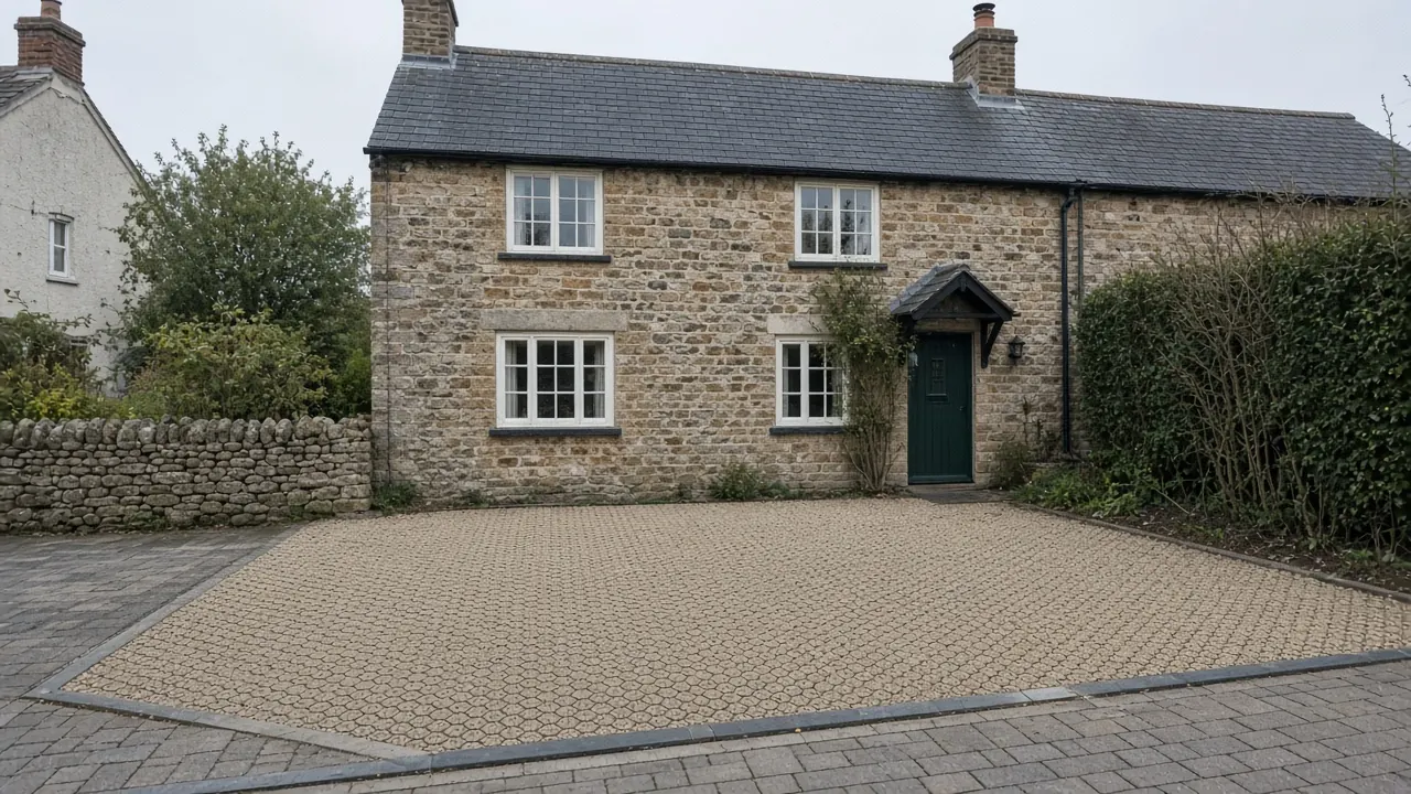 Example image: a golden gravel driveway with a paved apron in front of a village cottage
